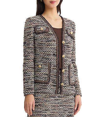 Ming Wang Eyelash Tweed Knit Multicolored Long Sleeve Button-Front Coordinating Jacket
