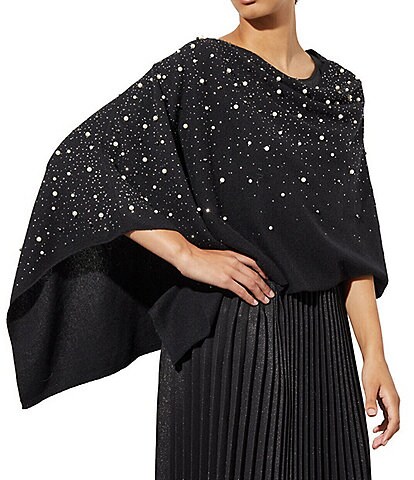 Ming Wang Faux Pearl Embellished Cashmere Wool Blend Boat Neck Poncho