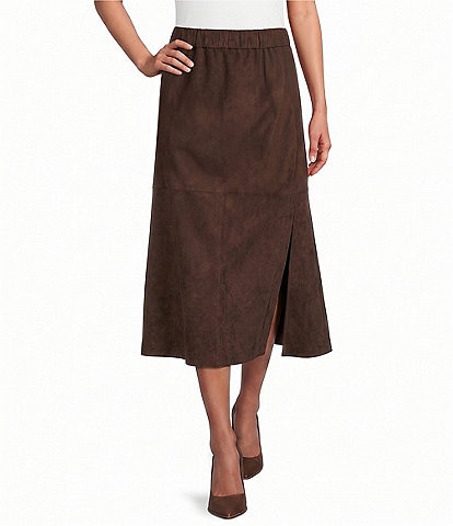 Ming Wang Faux Suede No-Roll Waistband Flared Pull-On Maxi Skirt