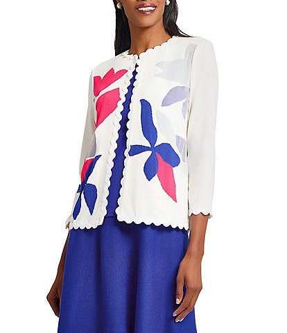 Ming Wang Floral Applique Soft Knit Scallop Round Neck 3/4 Sleeve Cardigan