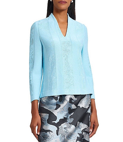 Ming Wang Floral Burnout Soft Knit Stand V-Neck Bracelet Sleeve Top