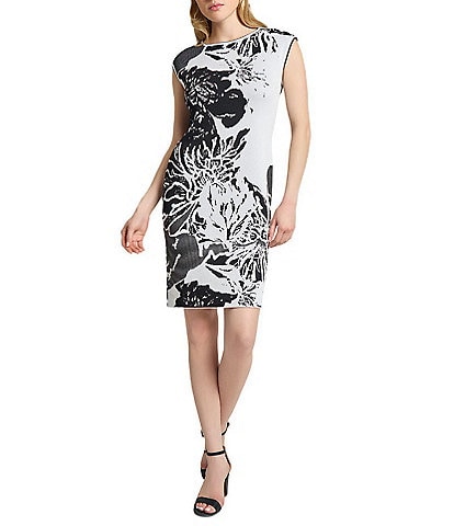 Ming Wang Floral Jacquard Knit Round Neck Sleeveless Dress