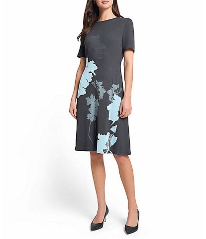 Ming Wang Floral Jacquard Soft Knit Round Neck Short Sleeve A-Line Dress