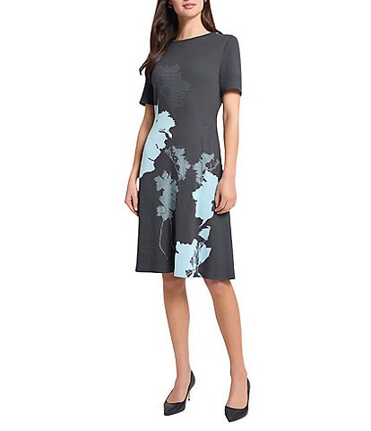 Ming Wang Floral Jacquard Soft Knit Round Neck Short Sleeve A-Line Dress
