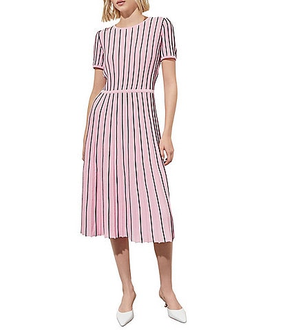Ming Wang Grid Striped Soft Knit Round Neck Short Sleeve A-Line Dress