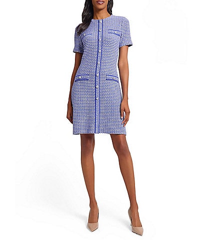 Ming Wang Honeycomb Tweed Knit Crew Neck Short Sleeve Sheath Dress