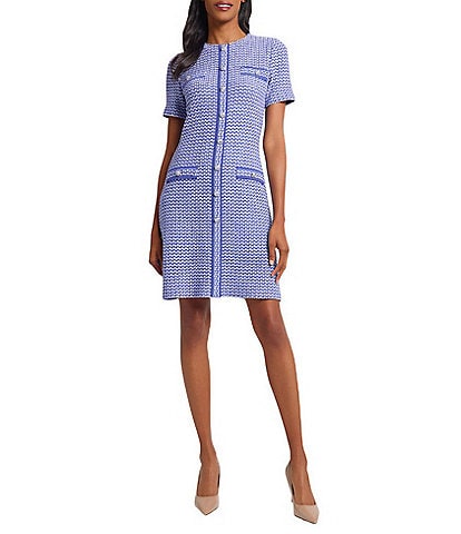 Ming Wang Honeycomb Tweed Knit Crew Neck Short Sleeve Sheath Dress