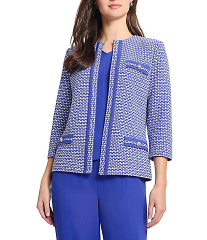 Ming Wang Honeycomb Tweed Knit Round Neck 3/4 Sleeve Jacket