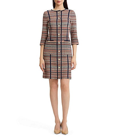  Horizontal Multi-Stitch Knit Round Neck 3/4 Sleeve Button-Front Sheath Dress