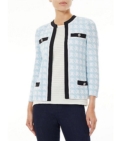 Ming Wang Houndstooth Print Contrasting Trim Crew Neck 3/4 Sleeve Knit Statement Jacket