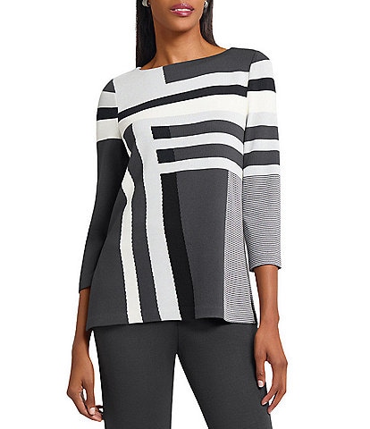 Ming Wang Intarsia Color Block Soft Knit Boat Neck 3/4 Sleeve Tunic