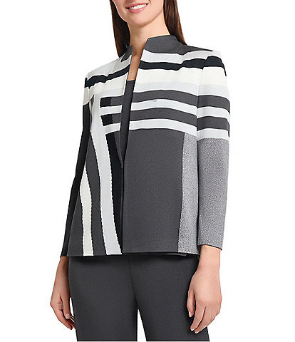 Ming Wang Intarsia Color Block Stripe Knit Mandarin Collar Bracelet Sleeve Jacket
