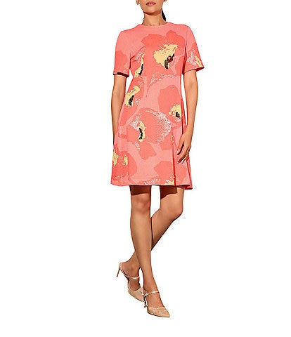 Ming Wang Jacquard Embroidered Floral Crew Neck Short Sleeve Dress