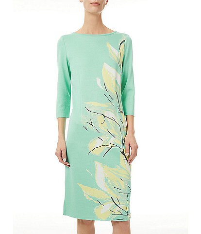 Ming Wang Jacquard Knit Bold Botanical Print Boat Neck 3/4 Sleeve Sheath Dress