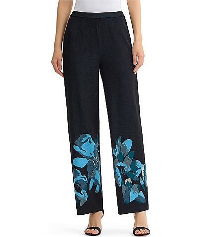 Ming Wang Jacquard Knit Floral Placement Print No Roll Elastic Waist Pull-On Coordinating Pants
