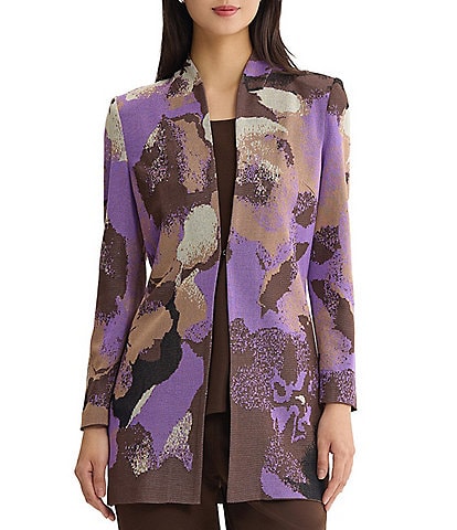 Ming Wang Jacquard Knit Multi Color Abstract Mandarin Collar Tailored Jacket