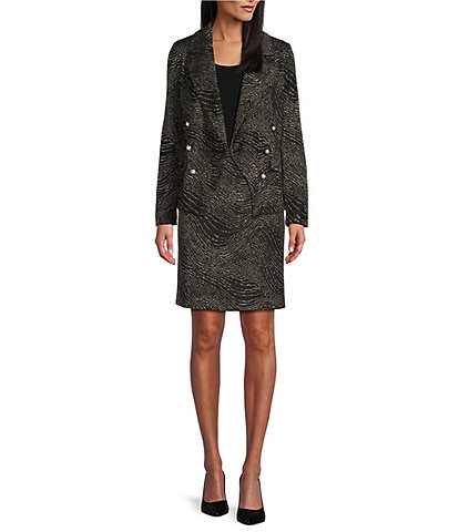 Ming Wang Jacquard Knit Swirl Print Notch Lapel Long Sleeve Double Breasted Blazer & Coordinating Above-The-Knee Pencil Skirt