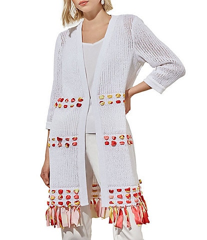 Ming Wang Knit 3/4 Sleeve Ribbon Trim Open-Front Duster Cardigan