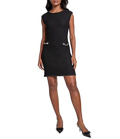 Ming Wang Knit Boat Neck Cap Sleeve Chain Front Dress