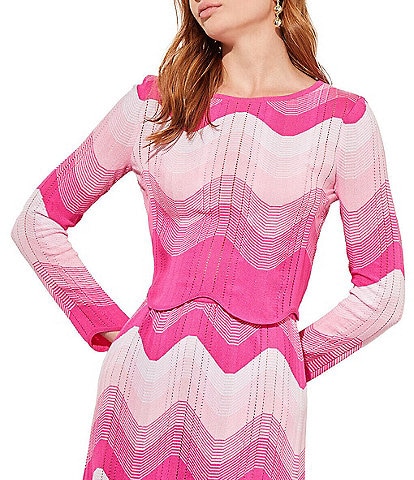 Ming Wang Knit Chevron Ombre Print Crew Neck Long Sleeve Cropped Scalloped Hem Coordinating Top