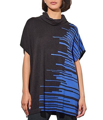 Ming Wang Knit Cowl Neck Short Sleeve Abstract Print Relaxed Tunic