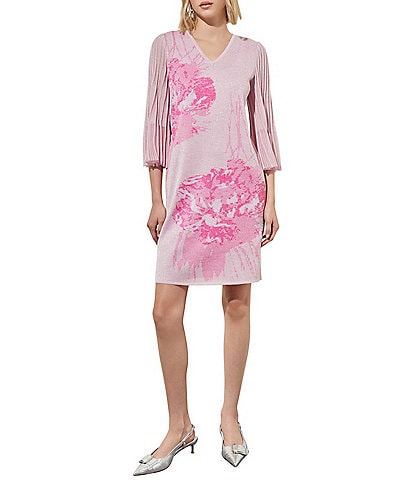 Ming Wang Knit Floral Print V-Neck 3/4 Pleated Bell Sleeves A-Line Dress