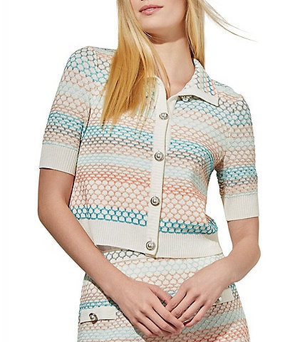 Ming Wang Knit Honeycomb Stripe Print Point Collar Short Sleeve Contrast Trim Coordinating Jacket