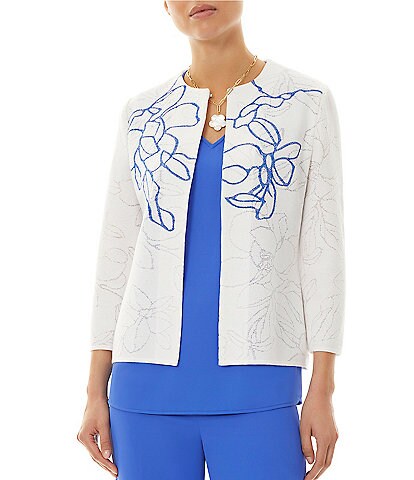 Ming Wang Knit Jacquard Floral Embroidery 3/4 Sleeve Jacket