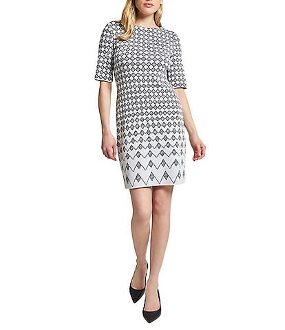 Ming Wang Knit Jacquard Geo Print Round Neck Elbow Sleeve Dress