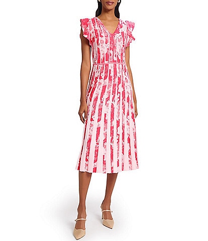 Ming Wang Knit Jacquard V-Neck Flutter Sleeve Fit-And-Flare Midi Dress
