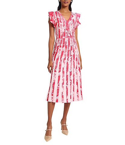 Ming Wang Knit Jacquard V-Neck Flutter Sleeve Fit-And-Flare Midi Dress