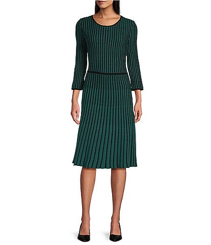 Ming Wang Knit Striped 3/4 Sleeve Crew Neck Flare Dress