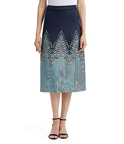 Ming Wang Linear Ombre Soft Knit Pull-On A-Line Skirt