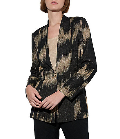 Ming Wang Lurex Jacquard Metallic Knit Brushstroke Long Sleeve One Button-Front Jacket