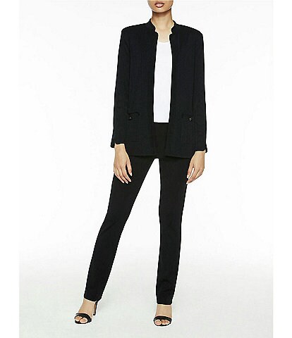 Ming Wang Mandarin Collar Long Sleeve Shoulder Pad Jacket & Straight Leg 5-Pocket Style Pull-On Pant Suit