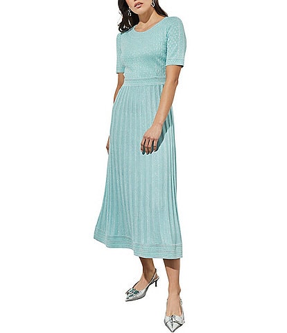Ming Wang Metallic Jacquard Soft Knit Round Neck Short Sleeve Pleated A-Line Maxi Dress