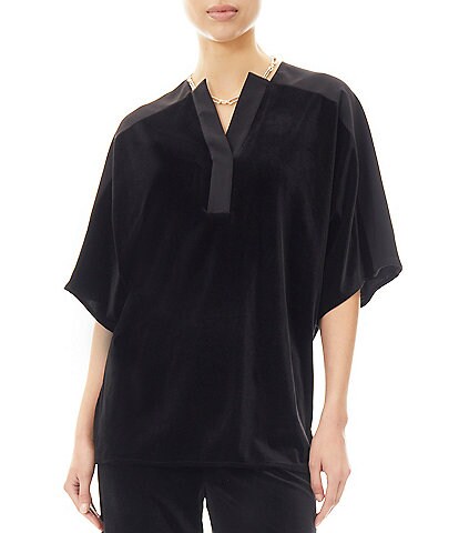 Ming Wang Mixed Media Monochrome Split V-Neck 3/4 Kimono Elbow Sleeve Top