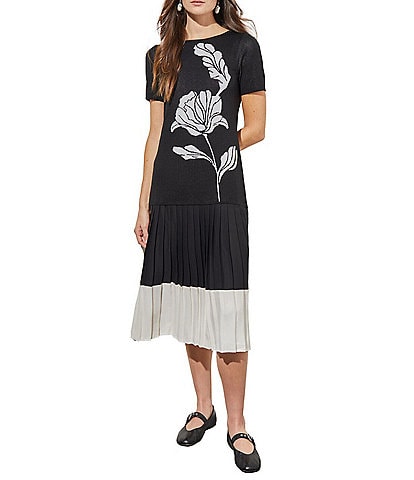 Ming Wang Mixed Media Placement Floral Boat Neck Short Sleeve Drop Waist Pleated Skirt Midi Dress