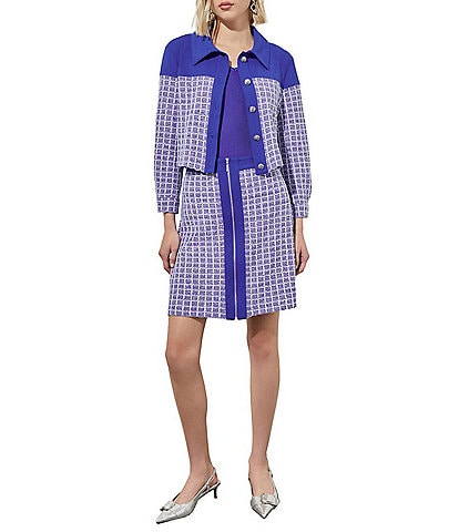 Ming Wang Mixed Media Tweed Color Block Button Front Jacket & Coordinating Skirt