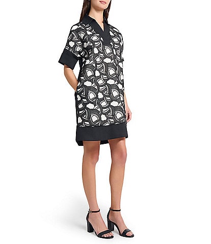 Ming Wang Mixed-Media Two-Toned Lace Point Collar V-Neck Short Sleeve Dress