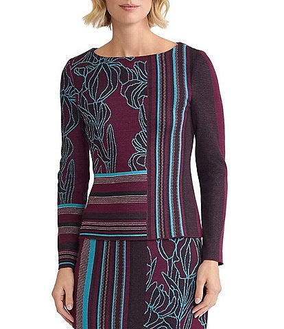 Ming Wang Coordinating Multi-Pattern Jacquard Soft Knit Boat Neck Long Sleeve Top