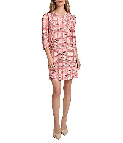Ming Wang Multi Plaid Split V-Neck 3/4 Sleeve Sheath Dress
