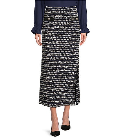 Ming Wang Multi-Stitch Tweed Knit Faux Leather Pocket Maxi Pencil Skirt