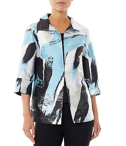 Ming Wang Novelty Woven Abstract Brushstroke Print Winged Collar 3/4 Sleeve Jacket