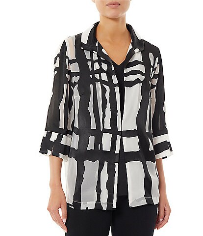 Ming Wang Novelty Woven Graphic Print Point Collar 3/4 Sleeve Sheer Statement Jacket