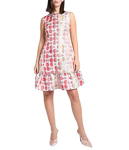Ming Wang Novelty Woven Jacquard Polka Dot Crew Neck Sleeveless A-line Belted Sheath Dress