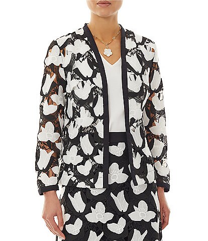Ming Wang Openwork Woven Floral Print Lace Coordinating Statement Jacket