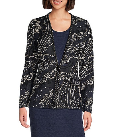 Ming Wang Paisley Knit Braided Chain Trim V-Neck Long Sleeve Jacket