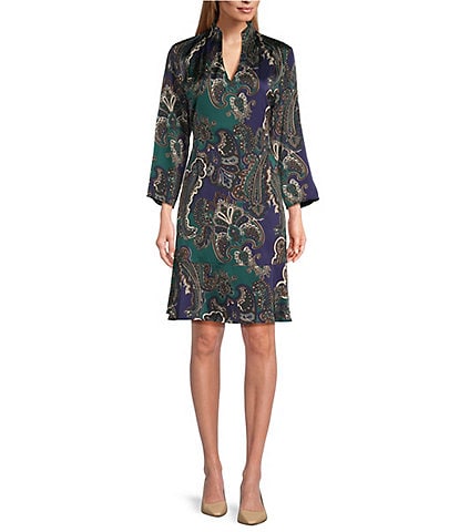 Ming Wang Paisley Print Crepe de Chine Split V-Neck 3/4 Sleeve Tiered Ruffled Hem A-Line Dress