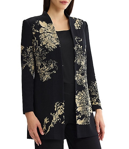 Ming Wang Petite Size Jacquard Floral Lurex Knit Long Sleeve Jacket